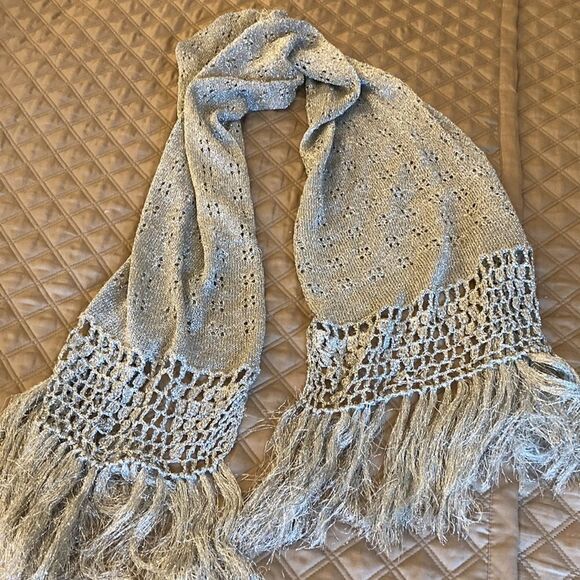 Metallic Silver Fringed Long Scarf /Wrap with open work detail. - Picture 5 of 5